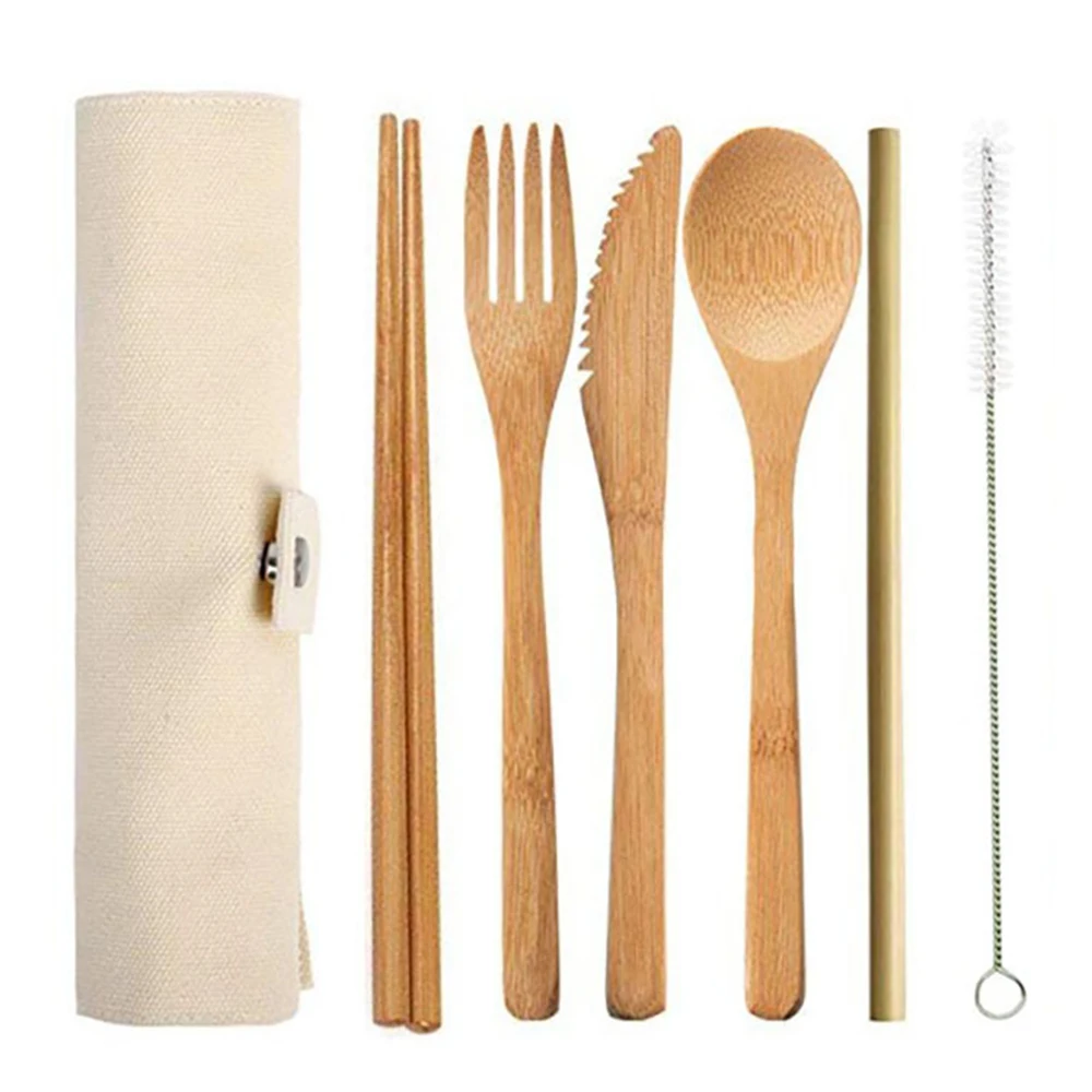 

6Pcs Portable Reusable Bamboo Cutlery Set Tableware Wooden Cutlery Fork Spoon Knife Set with Cutlery Bag for Travel Utensil Set