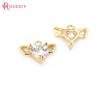 

(31801)4PCS 13.5*9MM 24K Champagne Gold Color Brass with Zircon Heart Wing Charms Diy Jewelry Findings Accessories wholesale