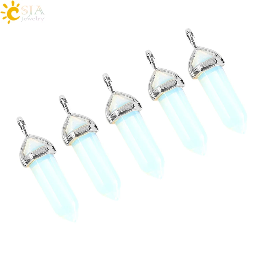 

CSJA Hexagonal Prisms Opal Semi Precious Gem Stone Bullet Shape Suspension Pendant & Statement Necklace Men Women Jewelry E271