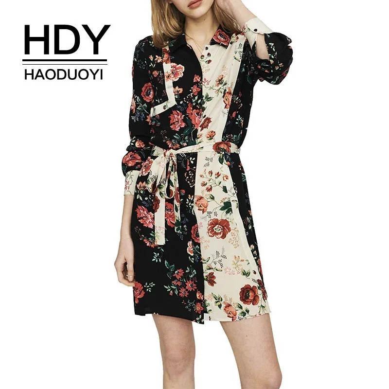 

HDY Haoduoyi Stitched Printed Shirt Dress French Romantic Personality Two-color Print Stitching Shirt Dress