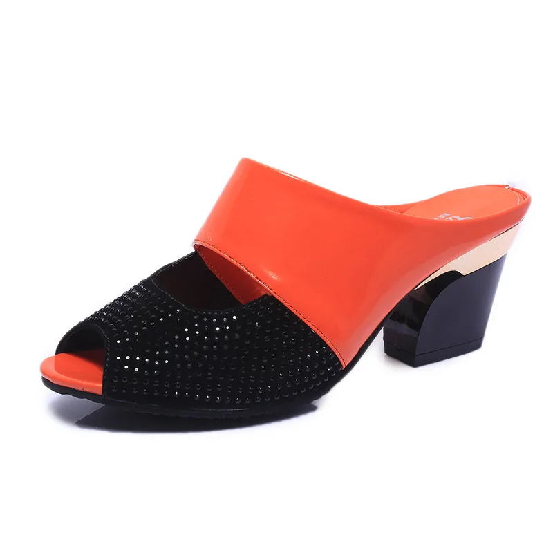 Г.; женские шлепанцы; Летние босоножки на высоком каблуке; женские босоножки из лакированной кожи; пикантная женская обувь для вечеринок с открытым носком - Цвет: Оранжевый