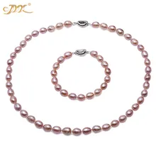 JYX Очаровательная Жемчужина наборы для женщин 7,5-8 мм натуральный рис форма Лаванда Пресноводный Культивированный жемчуг ожерелье браслет ювелирный набор