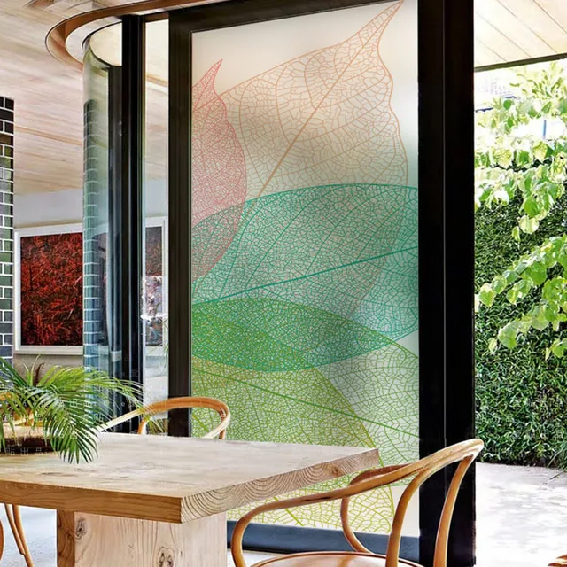 Custom self adhesive stained glass window films,color leaf pattern