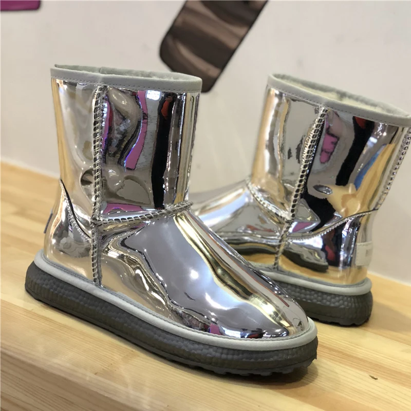 

2019 Silver Mirror Leather Snow Boots Woman Round Toe Wool Fur Non-slip Ankle boots for women