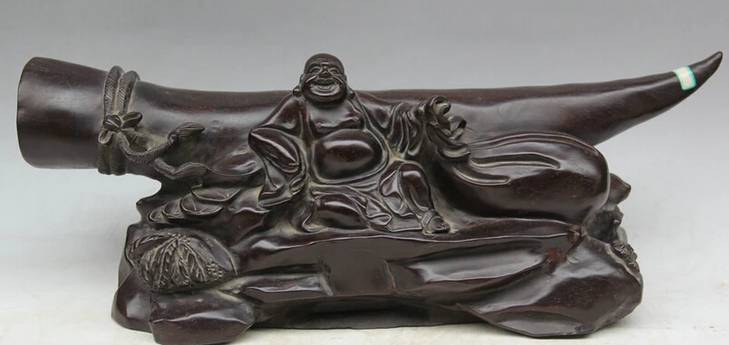 

JP S0524 20" Chinese Buddhism wood Wealth Ox horn Seat Happy Laugh Maitreya Buddha Statue Discount 35%