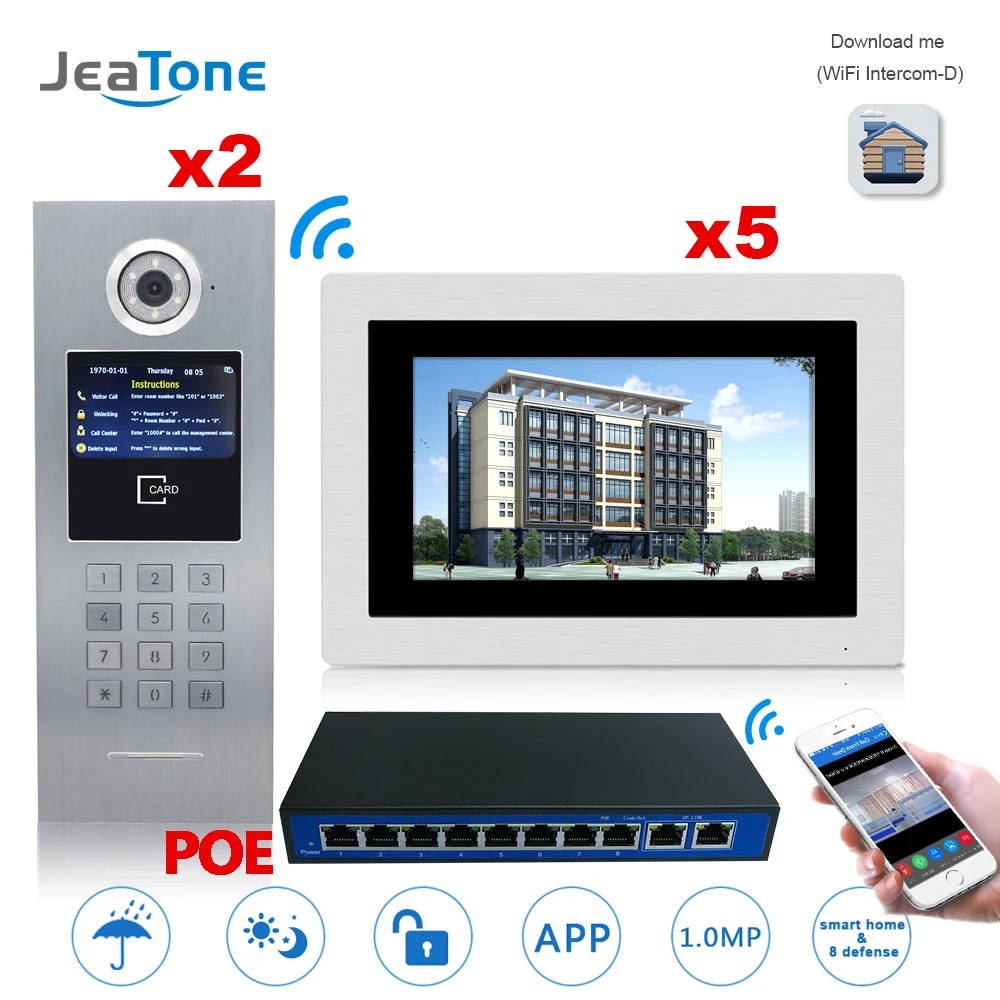 

7'' Touch Screen Large Building WIFI IP Video Door Phone Intercom POE Switch 2to5 Access Control System Support Password/IC Card