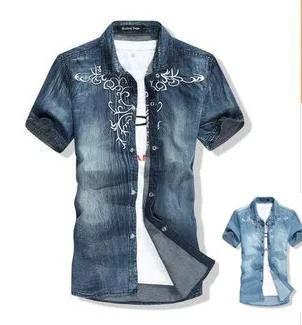 Camisa de mezclilla bordados de algodón de manga corta