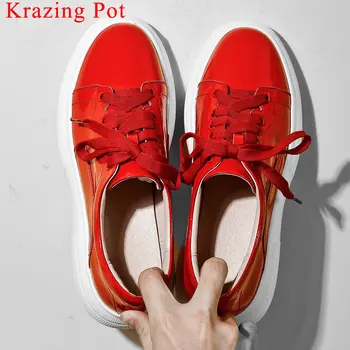 

Krazing Pot cow patent leather round toe sneakers thick bottom lace up British style big size daily wear vulcanized shoes L1f2