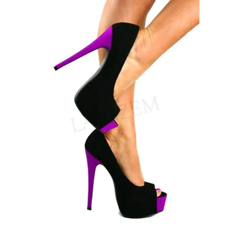 LAIGZEM/женские туфли-лодочки из искусственной замши на высоком каблуке и платформе с открытым носком без застежки вечернее платье Клубная обувь на заказ; Tacones Mujer; большие размеры 34-52 - Цвет: LGZ507 Purple