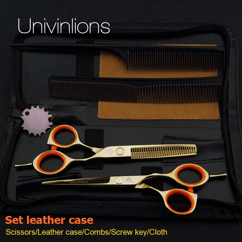 5," золотые ножницы японские Парикмахерские ножницы Профессиональные ножницы для стрижки волос филировочные ножницы набор coiffeur - Цвет: set leather case