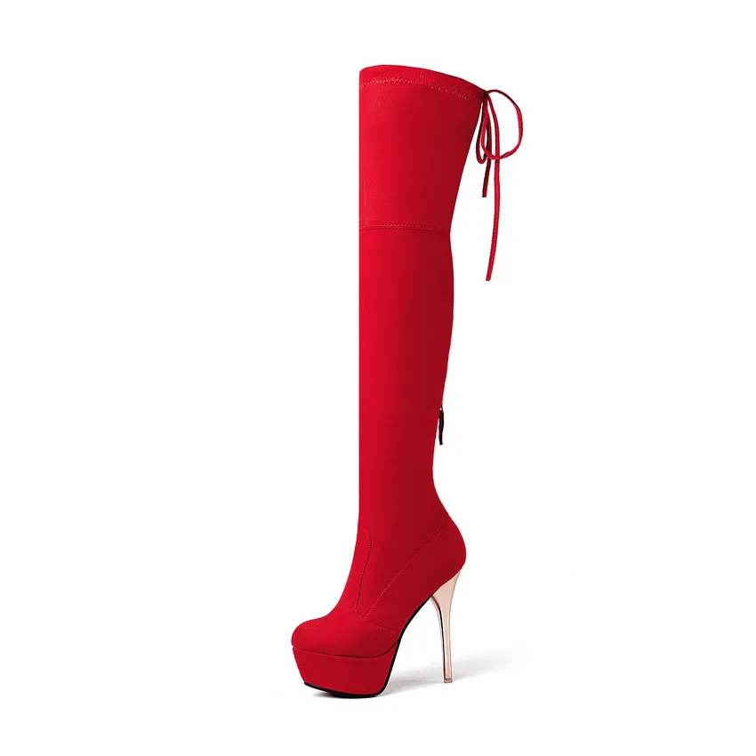 QUTAA/ Для женщин Ботфорты сапоги до колена пикантная обувь на платформе универсальные тонкий высокий каблук Зимняя обувь женские ботинки с круглым носком Размеры 34–43 - Цвет: Big red