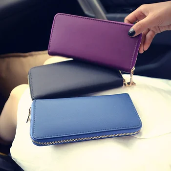 

2019 Fashion Solid Blue Black Pu Leather Women Long Designer Large Wallet Girl Portable Coin Cell Phone Clutch Purse Zipper Gift