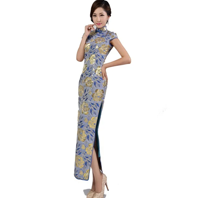 Высокая мода Небесно-голубой китайский леди парча Длинные Cheongsam Qipao Socialite Robe De Soiree размер S M L XL XXL QS14 - Цвет: blue