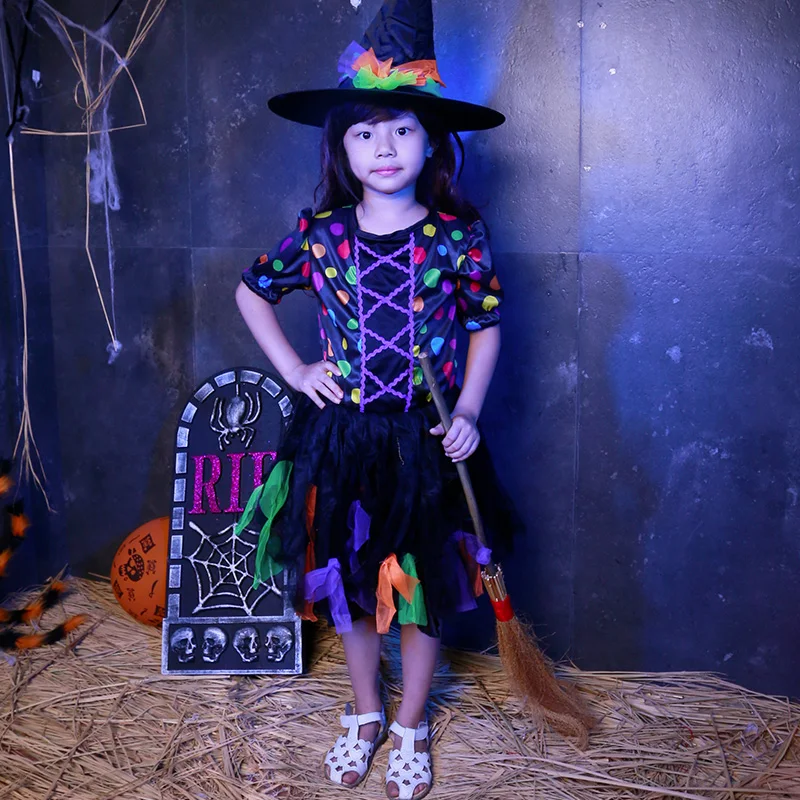 SHICAI/красочный костюм маленькой ведьмы; одежда для рождественской вечеринки; нарядное платье для костюмированной вечеринки на Хэллоуин; Детский костюм;