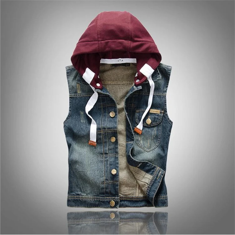

2019 Spring Autumn Men's Denim Vest Casual Jeans Hooded Coats Camouflage Ripped Sleeveless Jackets Waistcoat Colete Masculino