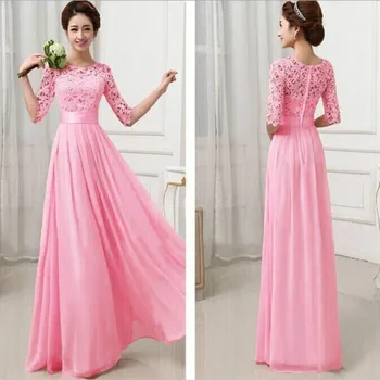 

U-SWEAR 2020 New Arrival Long Chiffon Dress Elegant A Line O Neck Sleeve Wedding Party Gowns Lace Bridesmaid Dresses Vestidos