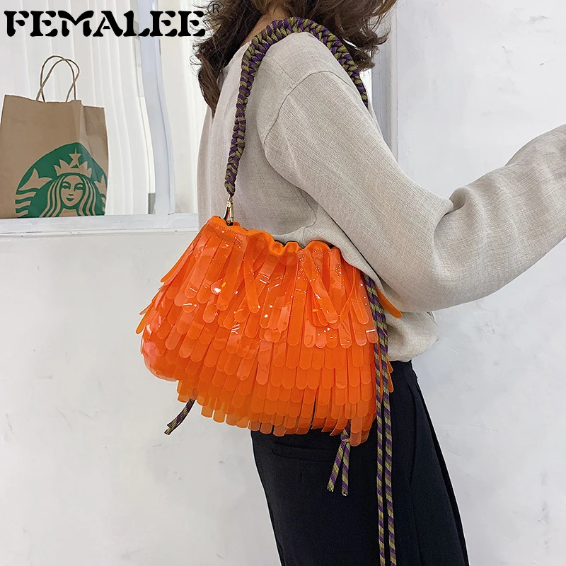 

Summer Tassel Jelly Bag PVC+Canvas Crossbody Bags Designed Ladies Drawstring Shoulder Bucket Handbag Weaving Chain Messenger Bag