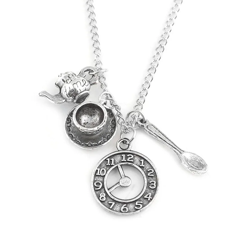 

Alice in Wonderland Necklace Ancient Silver Coffee Cup Watch Teapot Spoon Accessories Pendant Necklaces Women Men Jewelry Gift