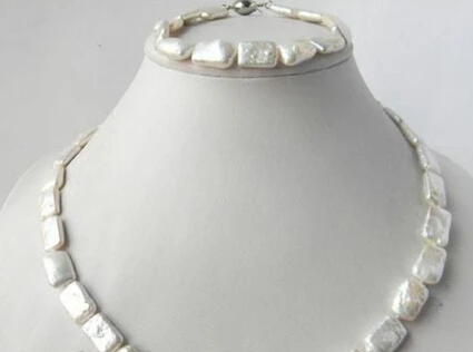 

charm Jew.657 18'' 10mmx15mm Rectangle White Freshwater Pearl Bracelet Necklace Set new