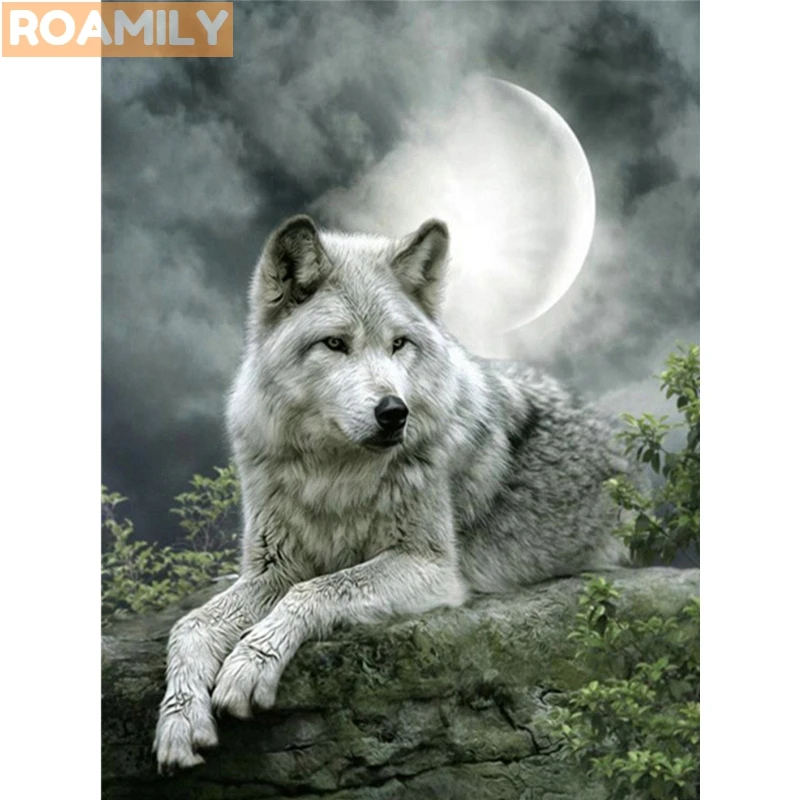 ROAMILY алмазная вышивка животные &quotхолодный волк под луной&quot мозайка DIY домашний