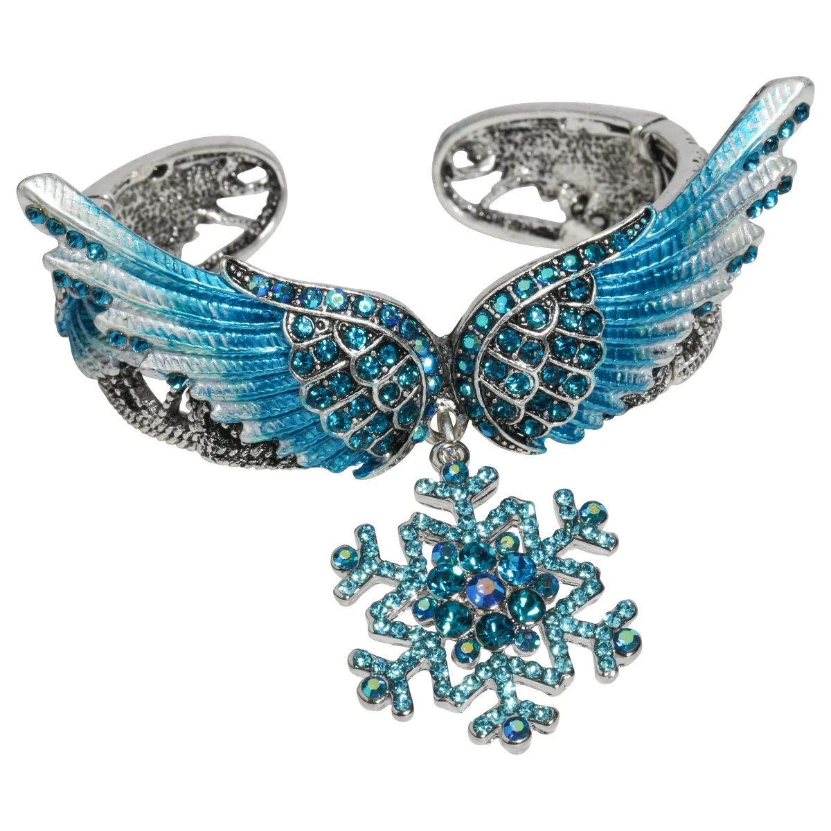 

Snowflake Wing Bangle Bracelet Blue White Christmas Holidays Ornaments Gifts for Women Silver Color Crystal Fashion Jewelry