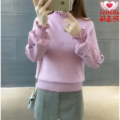 Корейский стиль, Женский пуловер с рукавом-бабочкой и вышивкой, Модный осенне-зимний женский вязаный свитер, уличная одежда, джемпер с высоким воротом - Цвет: pink