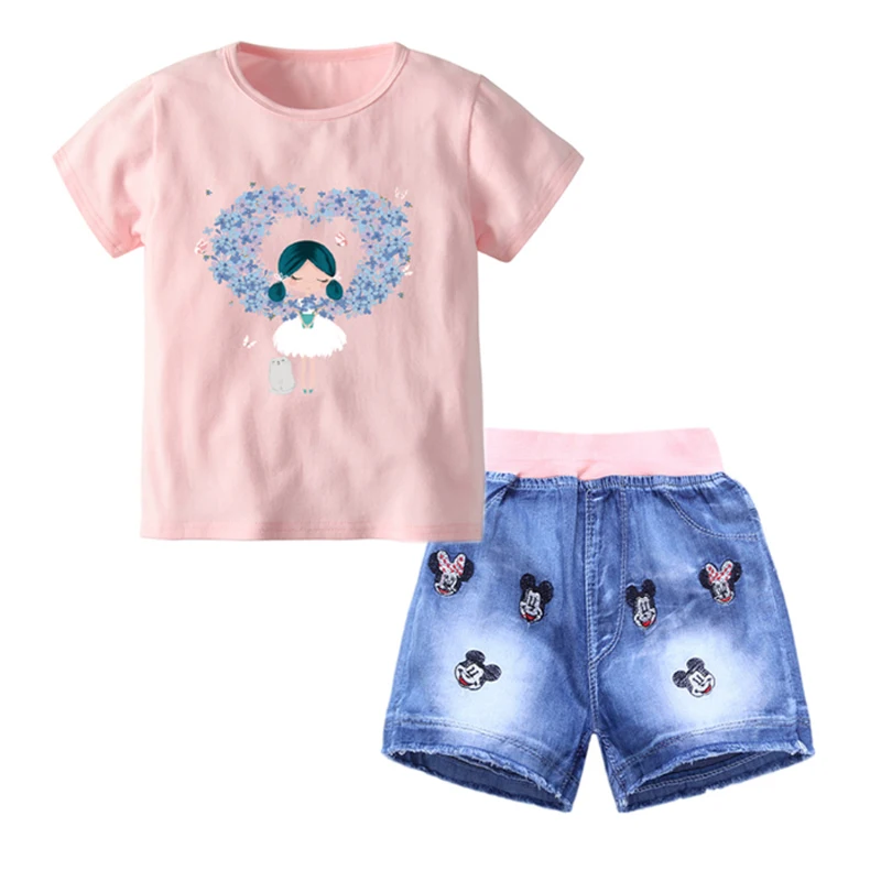 

2019 New Infant Girls Clothes Summer Cartoon T Shirt + Denim Shorts Clothes 2pcs Sets Children Kids Minnie Jeans Clothing