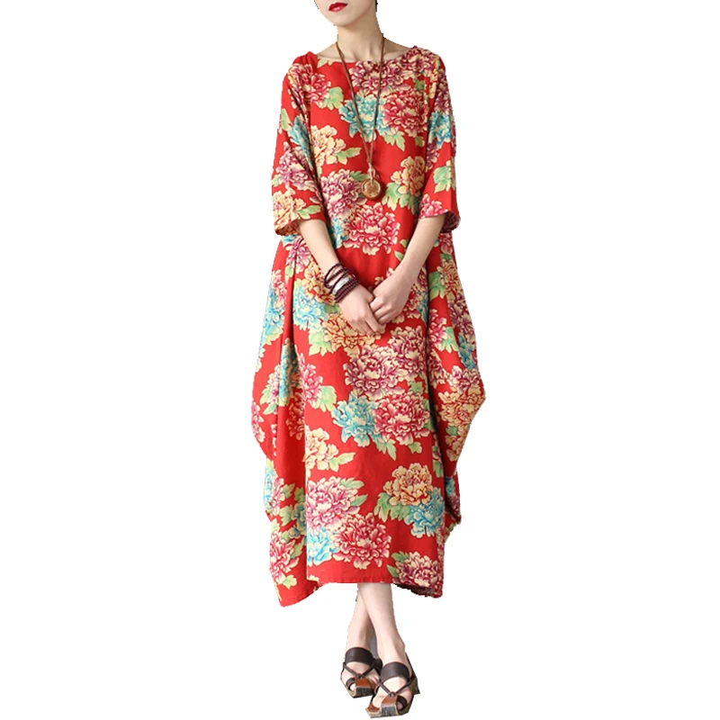 

Spring And Summer Female National One-piece Dress Women's Vintage Flower Loose Plus Size Robe Loose-Waisted Dress