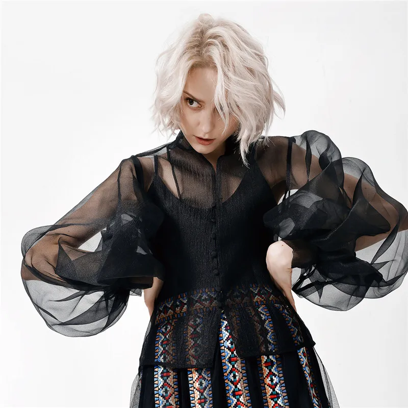 

Women Black Tops 2019 Spring Summer New Puff Sleeve Sexy Shirts Fashion Perspective Tops Chic Sheer Slim Elegant Blouse Blusas