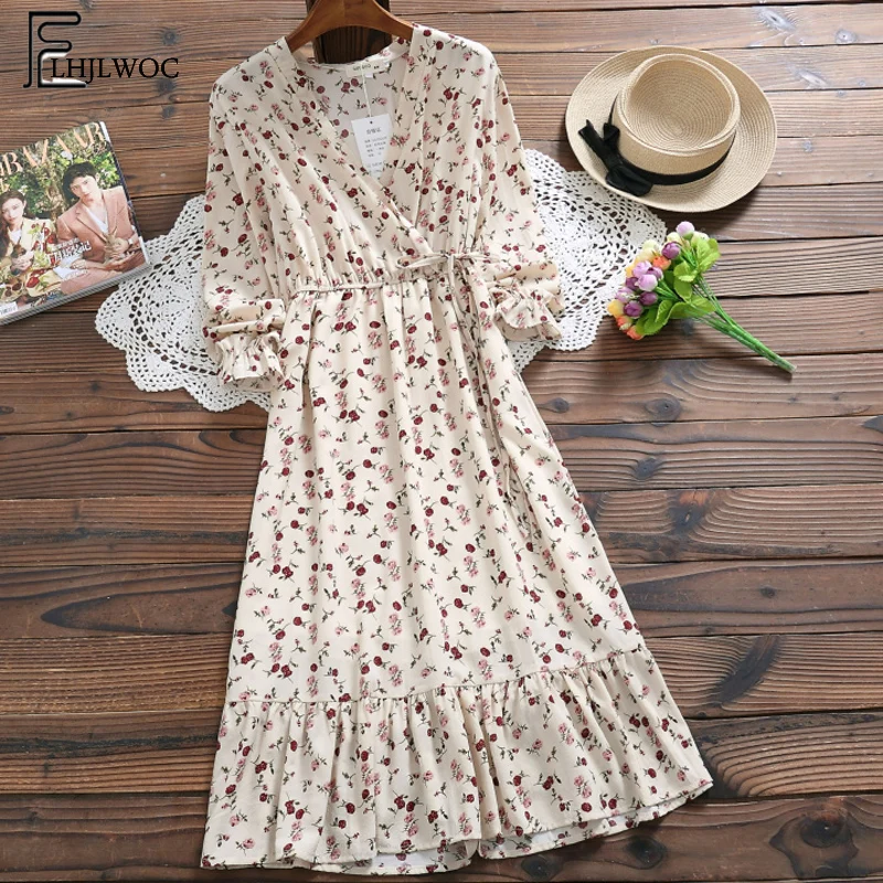 

2019 Spring Midi Dresses Women Slim Waist A Line Bow Tie Shirt Dress Girls Preppy Style Floral Print V Neck Vintage Ruffle Dress