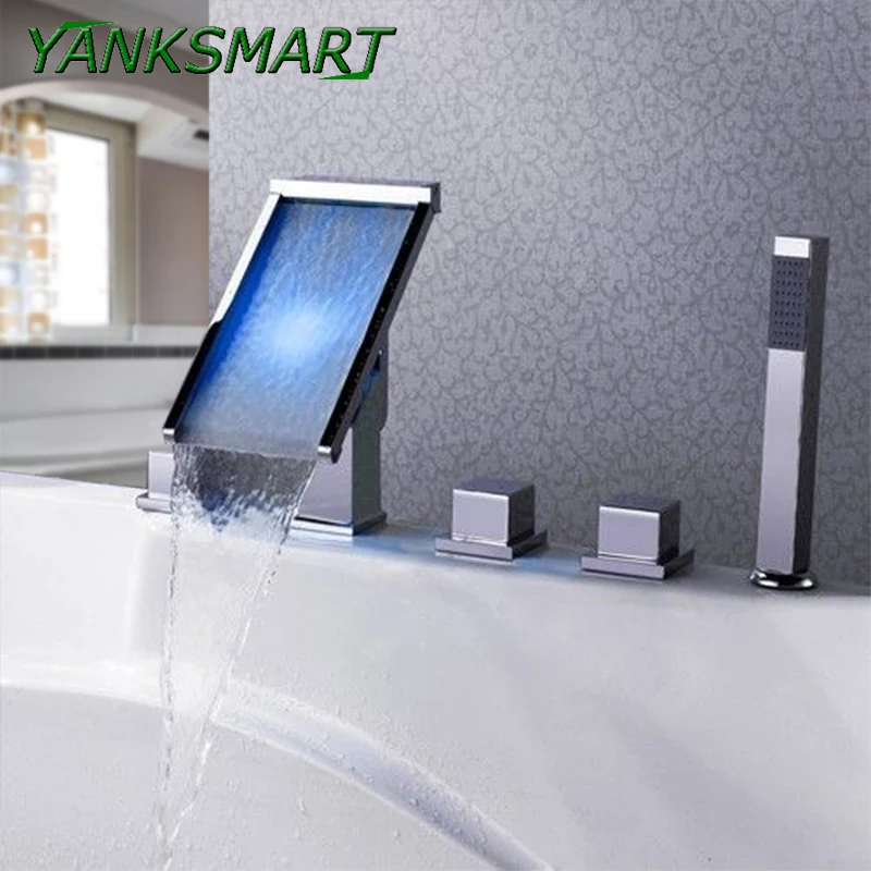 

YANKSMART Bathtub bathroom 5 pcs waterfall LED spout shower faucet brass chrome polish 3 handles mixer taps