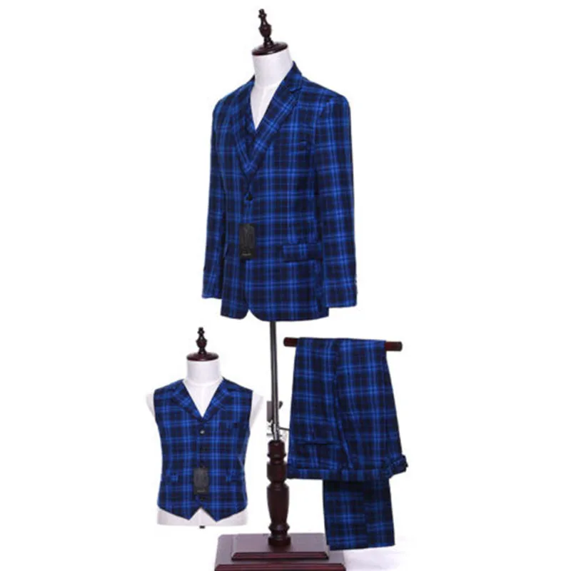 1-1 179.99 Royal Blue Plaid Men Wedding Suits Groom Tuxedo Bridegroom Business Formal Suits (Jacket + pants + vest) Custom Made_