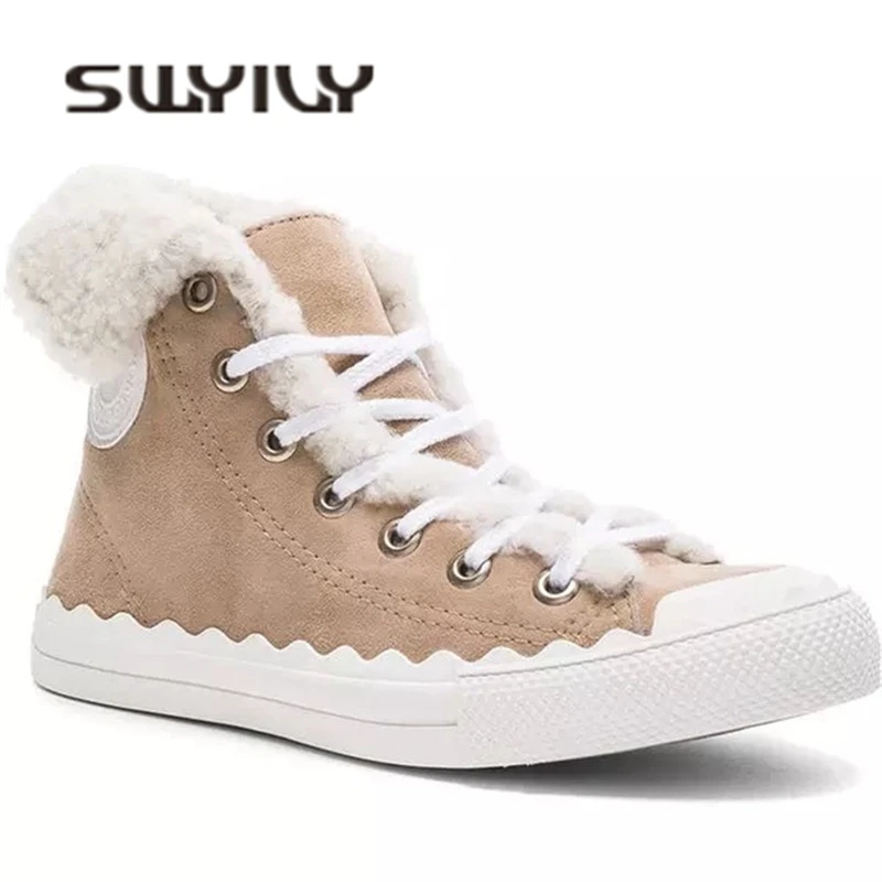 SWYIVY Natural Wool Fur Snow Boots Shoes High Top 2018 Winter Warm Female Casual Shoes Genuine Leather Winter Warm Boots Velvet