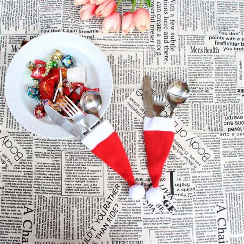 

10pcs Christmas Sofa Chair Seat Decorative Tableware Knife Fork Set Christmas Hat Storage Tool Cushion Cover Linen Pillow Case