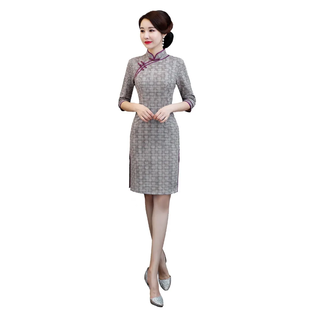 

Shanghai Story 2019 Knee Length Cheongsam Dress Plaid Qipao Chinese Oriental Dress For Chinese Women's Dress
