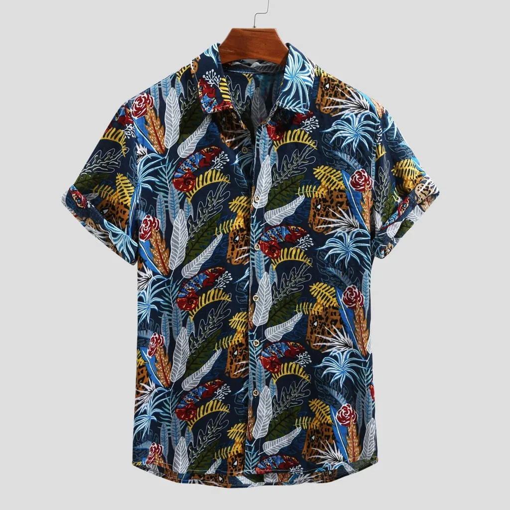 Womail حار الصيف أزياء قمصان الرجال القطن الكتان المطبوعة رفض طوق قصيرة الأكمام فضفاضة عارضة قميص 2019 جديد وصول