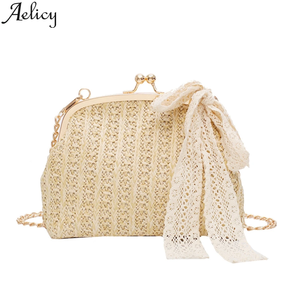 

Aelicy Beach Bow Decoration Beach Bag Retro hand-woven Burlap Square Bags Beach Messenger Bags Lock Bohemian Summer Leisure Bag