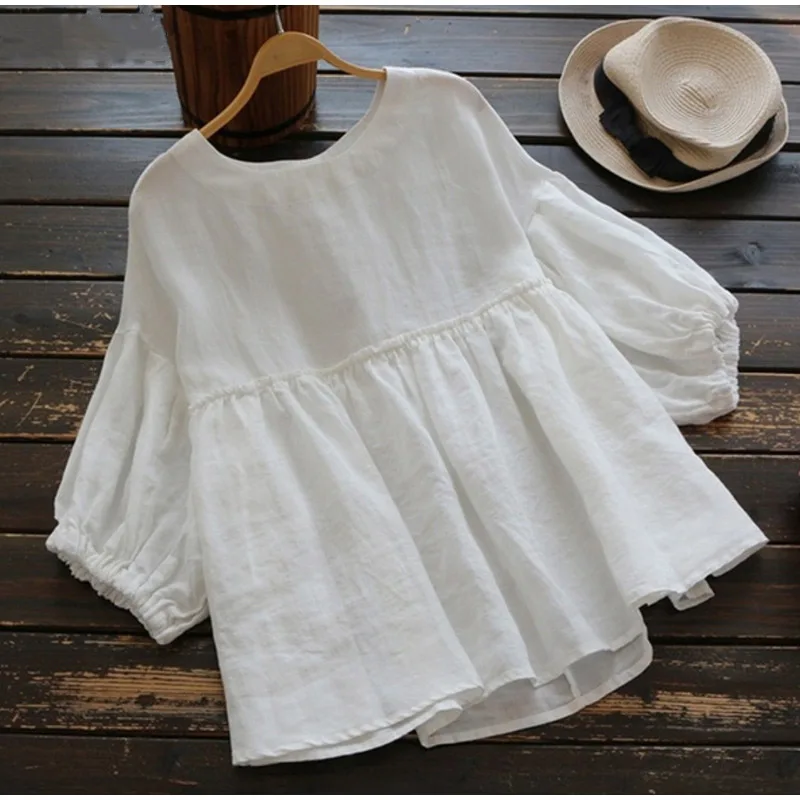 Plus Size 5XL Ruffled White Tunic Women Soft Blouse 2019 Half Lantern Sleeve Solid O-neck Loose Summer Female Tops Lady Blouses