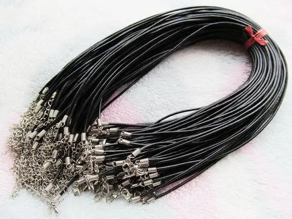 

100pcs 2.50mm 16-18inches Adjustable Black Genuine Leather Necklace Cord Rope String,Extender Chain,12x7mm Lobster Clasp