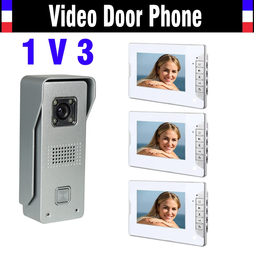

7 Inch Screen Video Doorbell Intercom System Video Door Phone Kit IR Night Vision Waterproof Aluminium alloy Camera 3-Monitor
