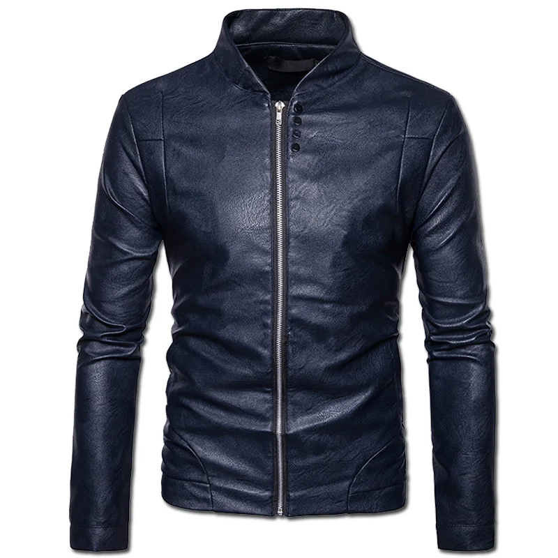 2018 New Spring Autumn Men's PU Jackets Coats Motorcycle Leather Jackets Men Leather Clothing Male Casual Coats Clothing Blue