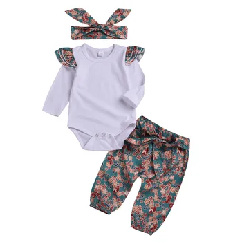

new Floral Newborn Baby Girl Clothes Ruffles Sleeve Bodysuit +Headband+Pants 3pcs Outfit 0-24M Bebek Giyim Sunsuit