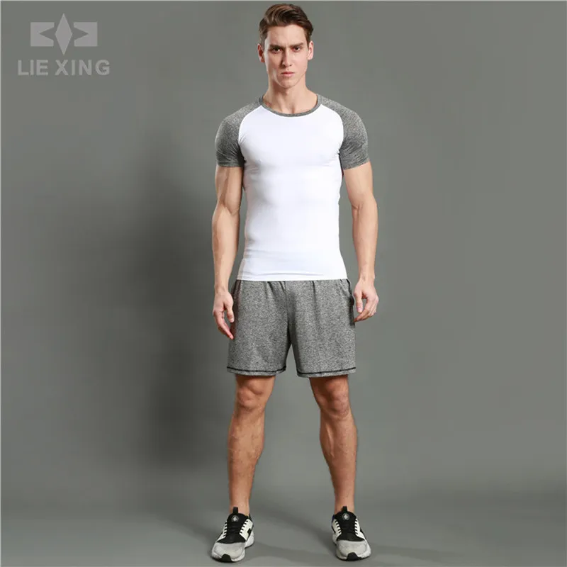 

Men's Patchwork Short Sleeve 2 Piece Sport Suits Quick-Dry Training Exercise Running Fitness Suits Breathable Elastic Sportswear