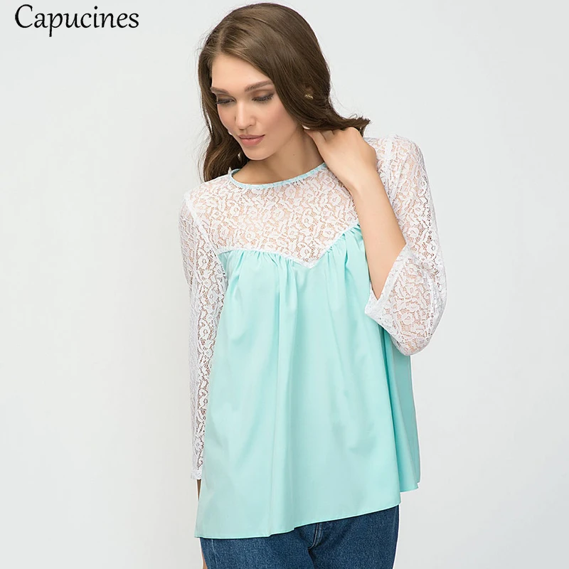 

Capucines 2019 spring and summer sweet loose lace stitching fresh shirt loose party ladies travel casual shirt