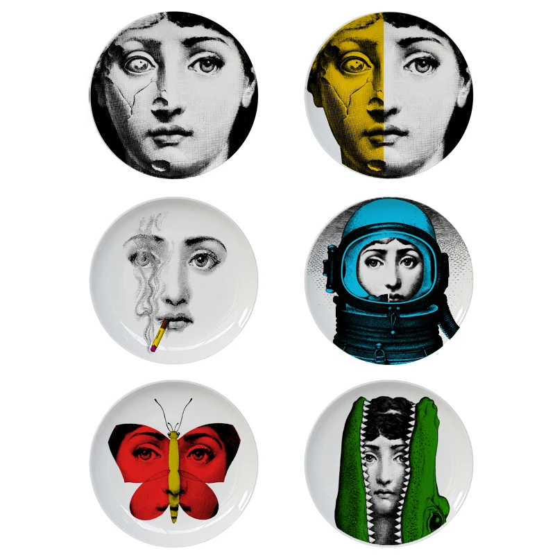Skup Fornasetti płyty kolorowe ilustracji wiszące naczynia ludzka twarz z ceramiki artystycznej płyta Craft dekoracje ścienne do domu wyświetlacz 2019 nowy