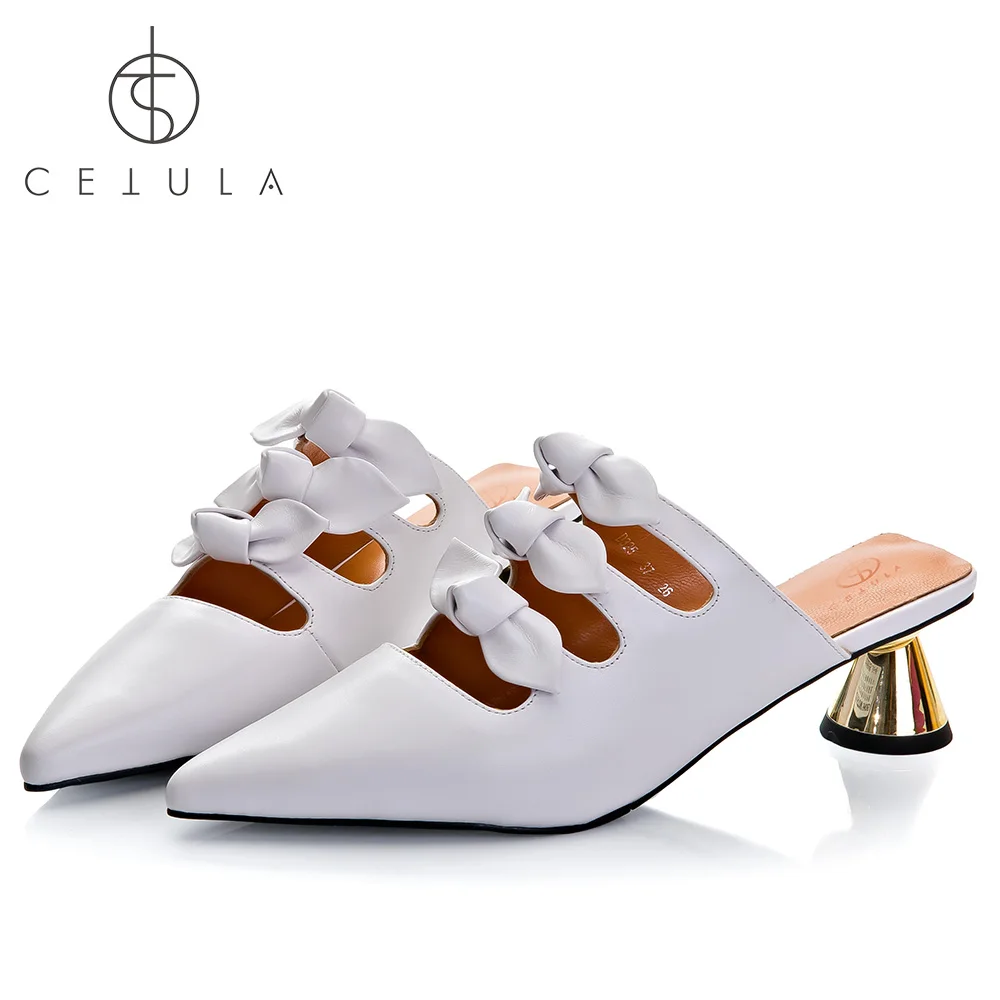 

Cetula 2018 Handcrafted Origami FlowersX3 Smooth Full-grain Leather Female Dress Shoes Ft. Gold Pyramid Heel&Padded Lining