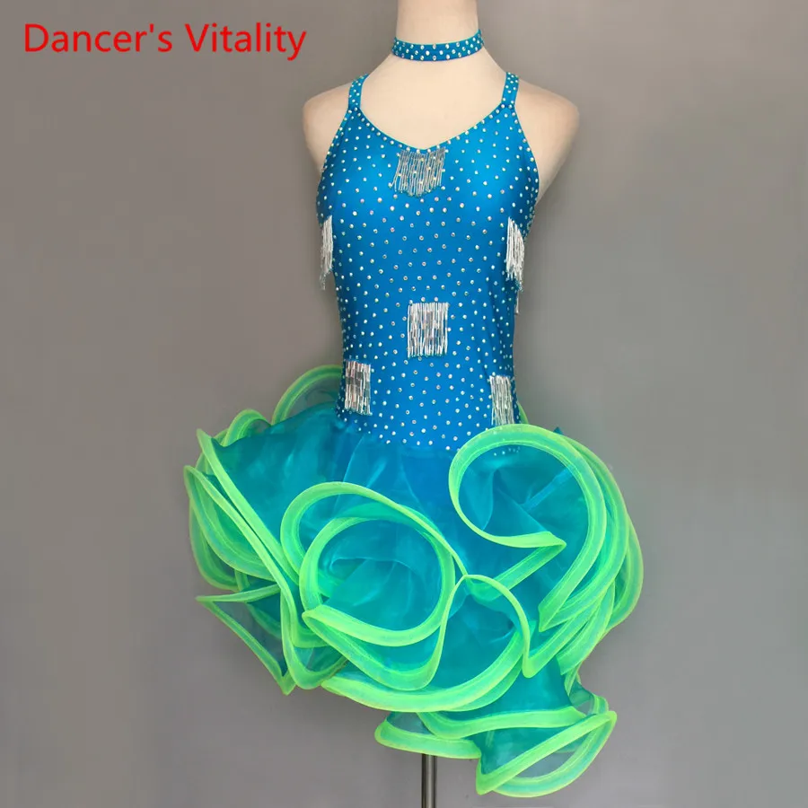 

2018 Custom Made Girls Latin Dance Dress Sleeveless Backless Kids/Adult Dancing Stage Costumes Children Latin Competition Dress