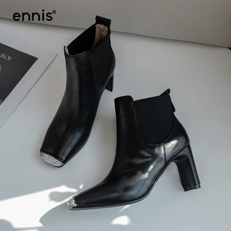 ENNIS/ г. сапоги-гладиаторы на высоком каблуке женские ботинки из натуральной кожи черные ботильоны с квадратным носком осенне-зимняя обувь без застежки A967
