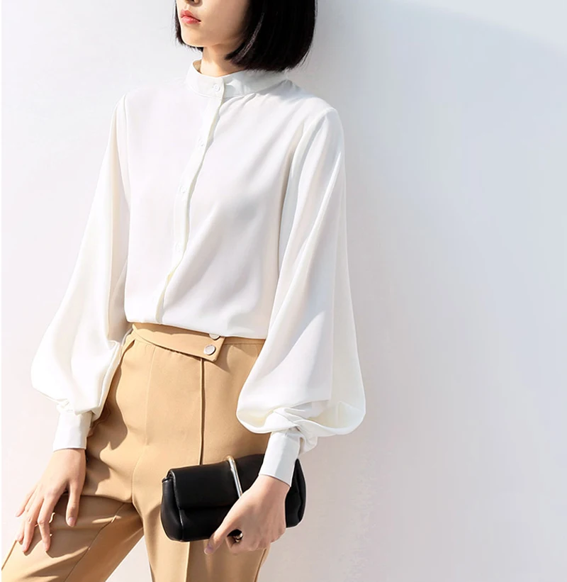Шифоновая женская рубашка с рукавами-фонариками, новинка, модная дизайнерская одежда, Корейская винтажная рубашка со стоячим воротником, синие, черные, белые рубашки