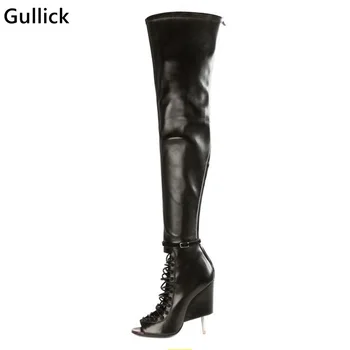

High Quality Women Over The Knee High Heel Boots Peep Toe Black Color Strech Leather Ladies Sexy T Thigh Summer Sandal Boots